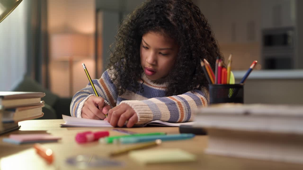 一个小女孩独自在家做作业的4k视频片段视频素材