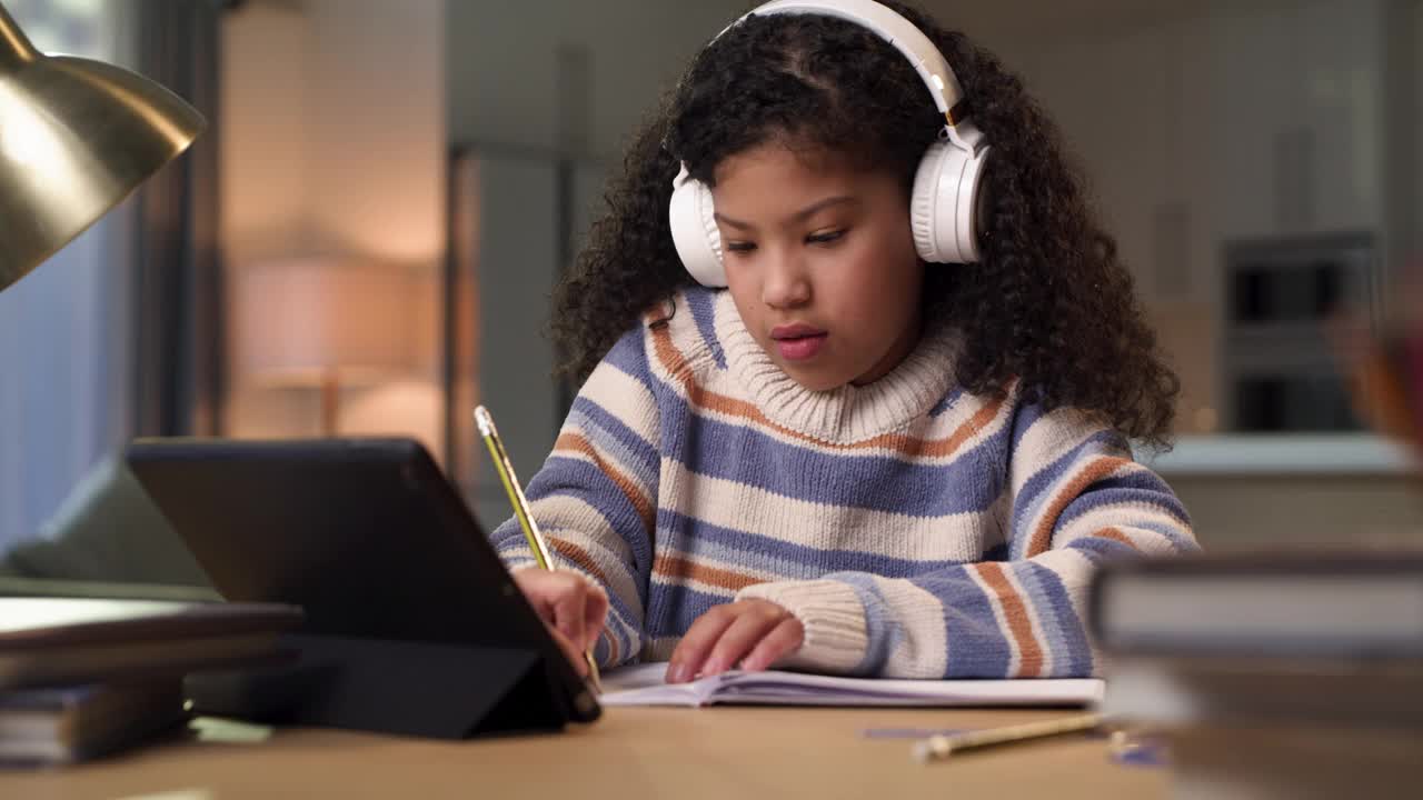 一个小女孩戴着耳机坐在家里用平板电脑进行在线学习的4k视频片段视频素材
