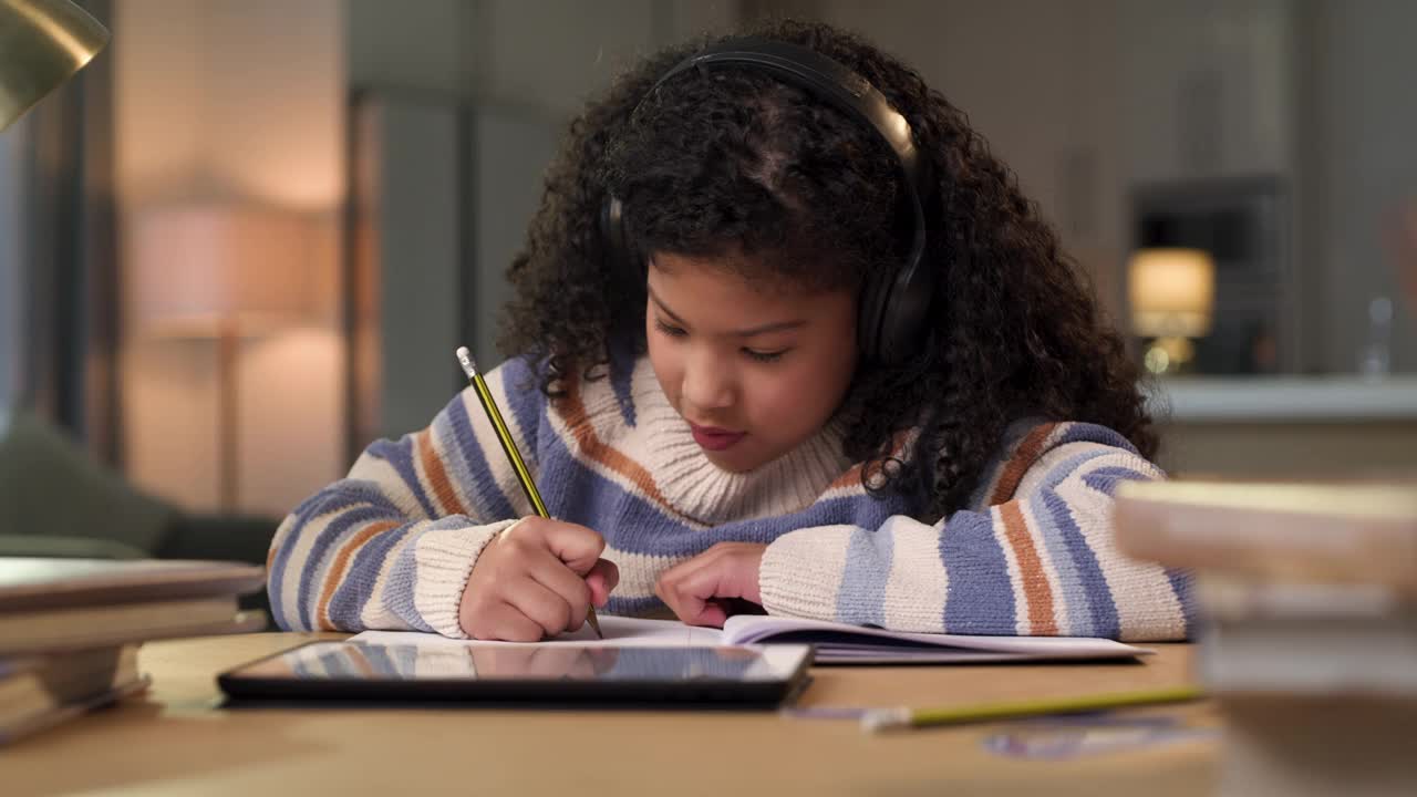 一个小女孩戴着耳机坐在家里用平板电脑进行在线学习的4k视频片段视频素材