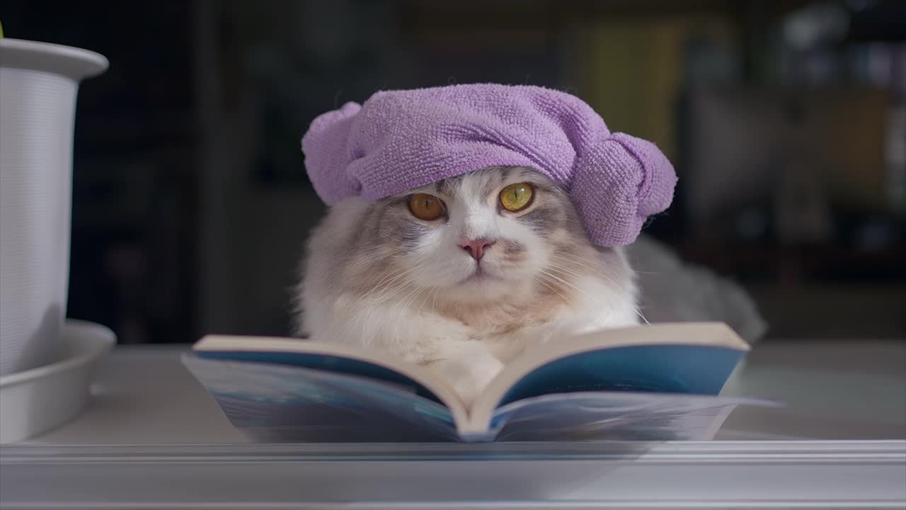 悠闲的猫在家里看书视频下载