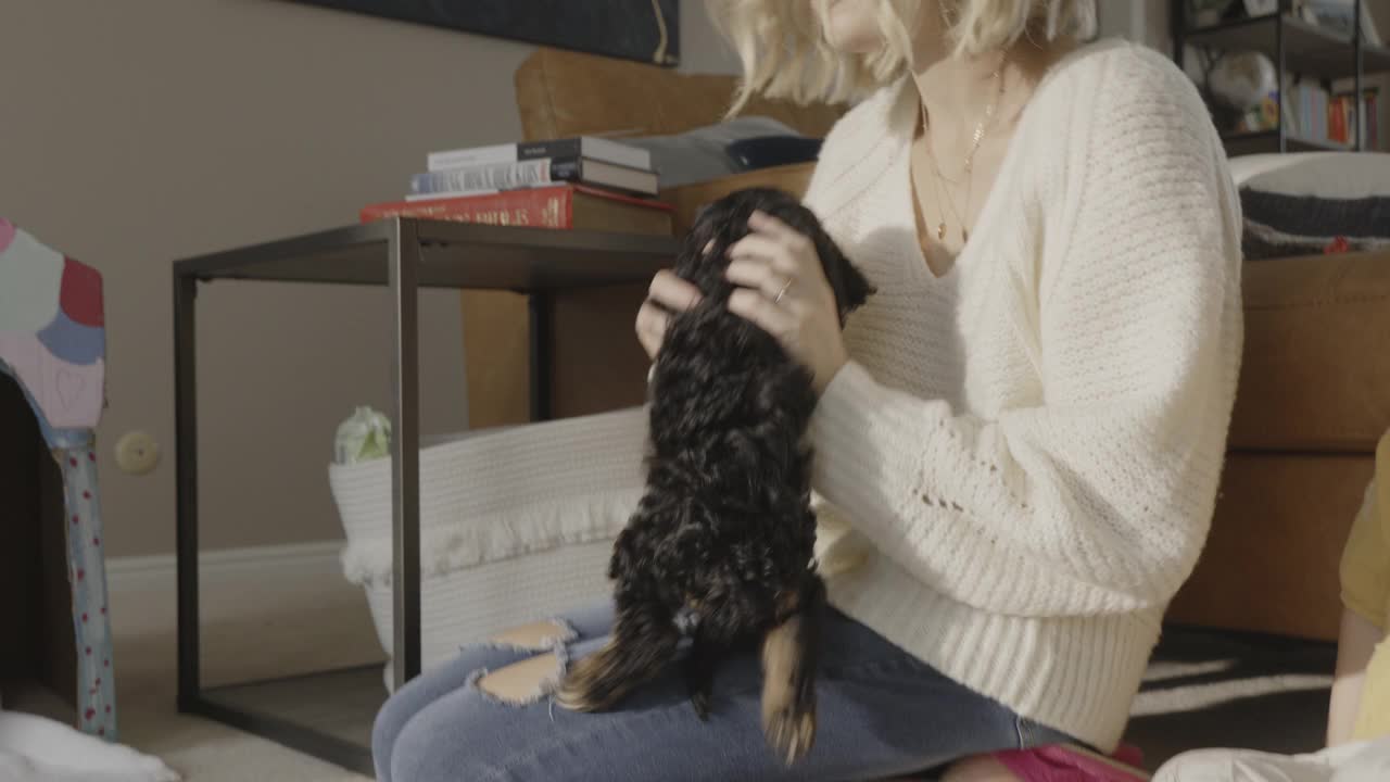女人跪在地板上拥抱和爱抚小狗/慷慨，犹他州，美国视频素材