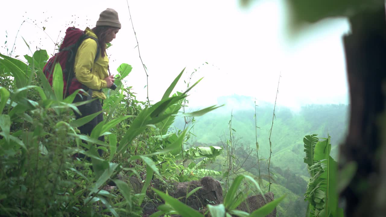 侧视:亚洲探险家、冒险家、女性背包客，以恋人的身份徒步旅行，在热带森林的山顶，在恶劣的天气下，走到危险的悬崖，拍摄全景景观，在泰国雨季，雾覆盖所有山峰视频素材