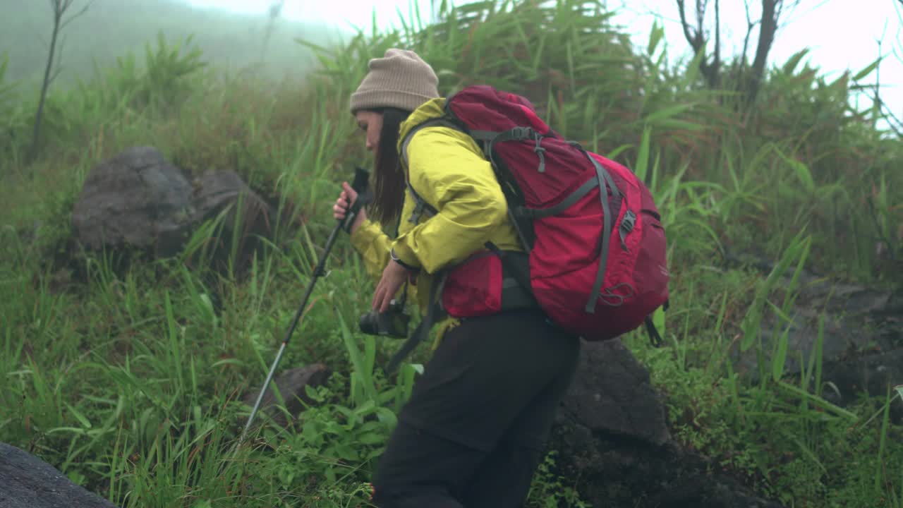 亚洲探险家、冒险家、女子背包客在热带森林独自徒步旅行，天气恶劣，泰国雨季到高峰，雾覆盖所有山峰包括下雨，寒风。视频素材