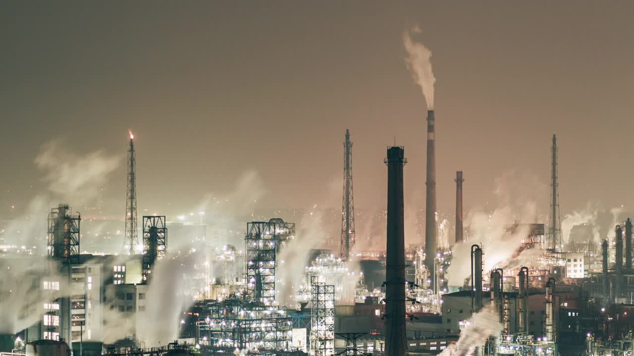 T/L PAN石油化工装置和炼油厂夜间鸟瞰图视频下载