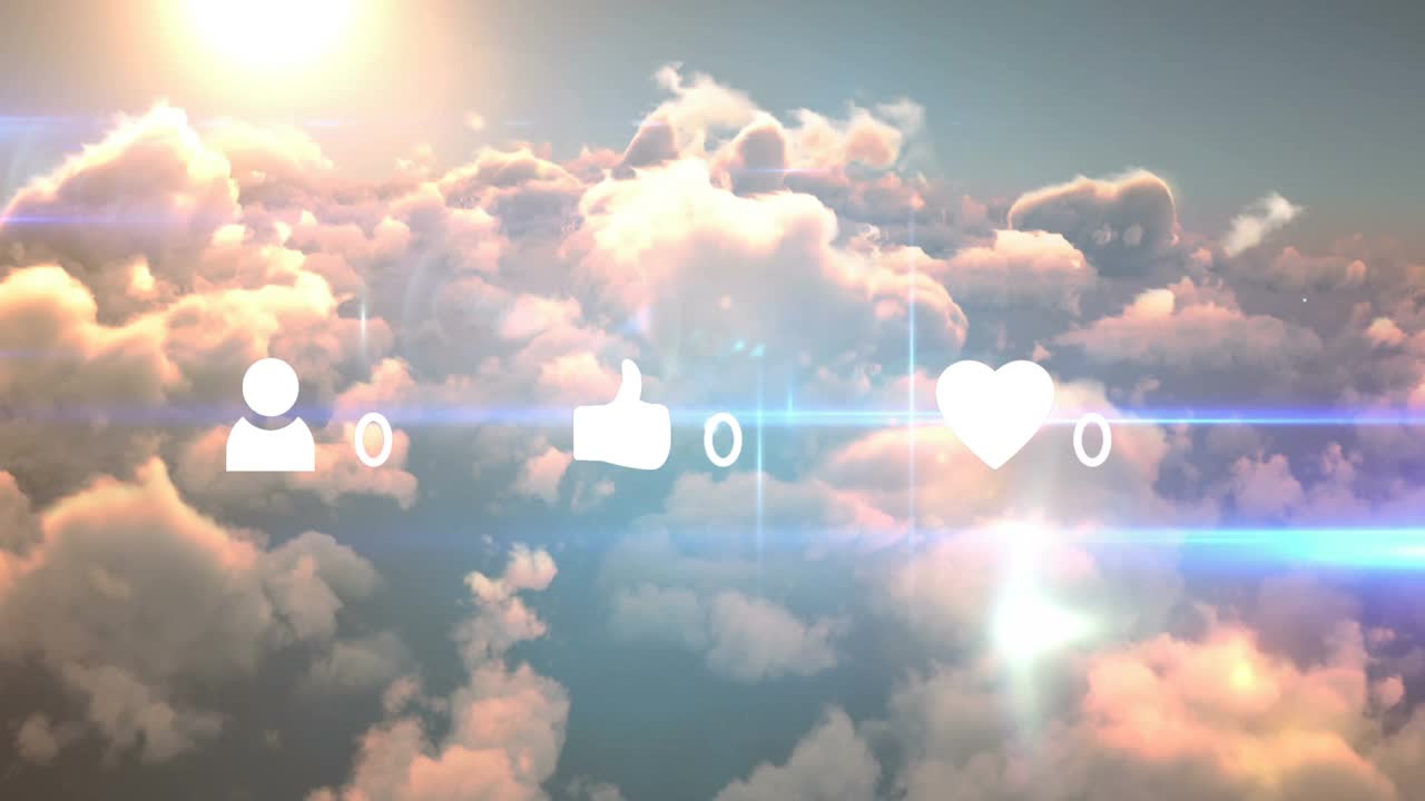 社交媒体图标和数字在云和天空上增长的动画视频素材