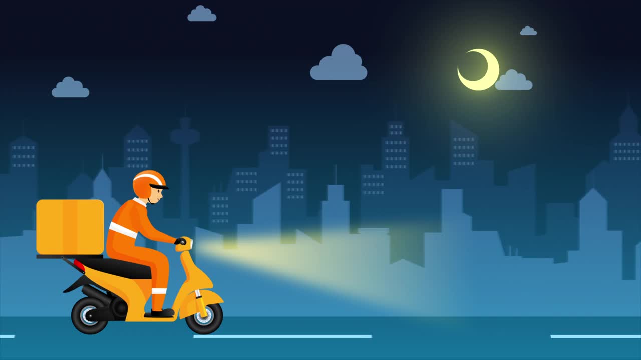 动漫人物骑自行车送货，以城市为背景，为送货及在线应用服务理念视频下载