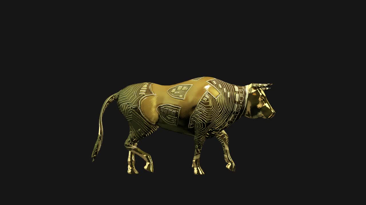 比特币落在行走的公牛上，象征着Bullrun加密市场，阿尔法通道视频下载