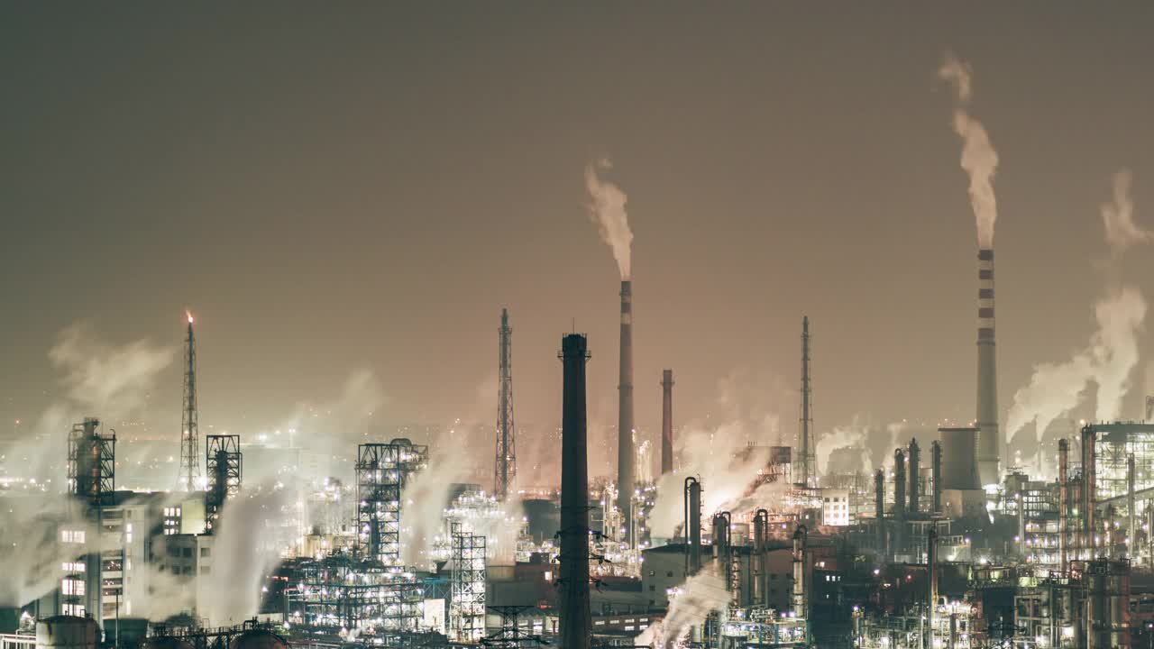 石化工厂和炼油厂T/L ZI夜间鸟瞰图视频素材