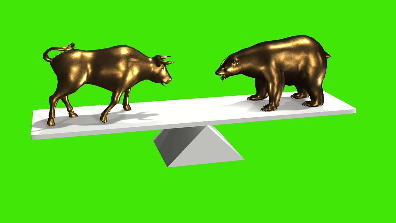 华尔街牛市和熊市概念动画3D绿盒色度关键股票视频。股票市场涨跌，金融风险趋势投资业务和资金损失不断移动的经济数据视频素材