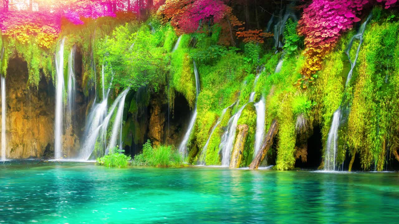 在克罗地亚的普利特维茨湖瀑布的电影录像，幻想树叶的颜色视频下载