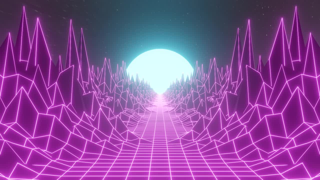 20世纪80年代暗紫粉红霓虹灯星系空间与地平线山的3D动画。80年代复古未来赛博朋克城市背景抽象网格景观设计动态图形。4 k的视频。视频下载