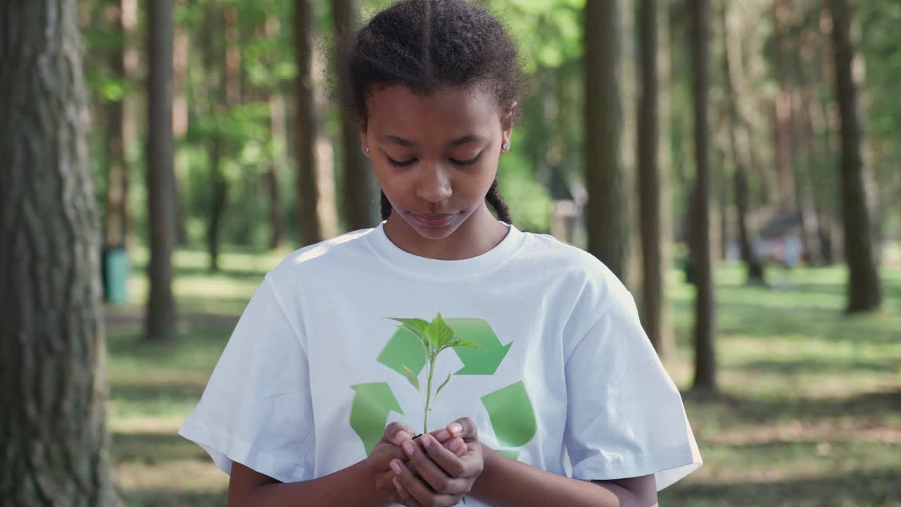 关爱自然，年轻的非洲女性志愿者手中拿着一株小花，看着镜头，一个隐喻的动作，大自然就在我们手中，慢动作。视频素材