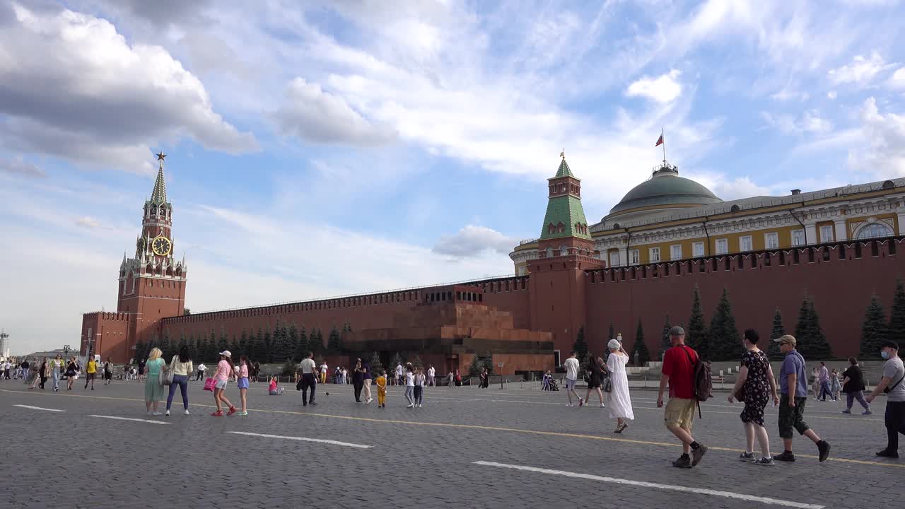莫斯科红场，克里姆林宫，列宁陵墓，斯帕斯卡钟楼。视频下载