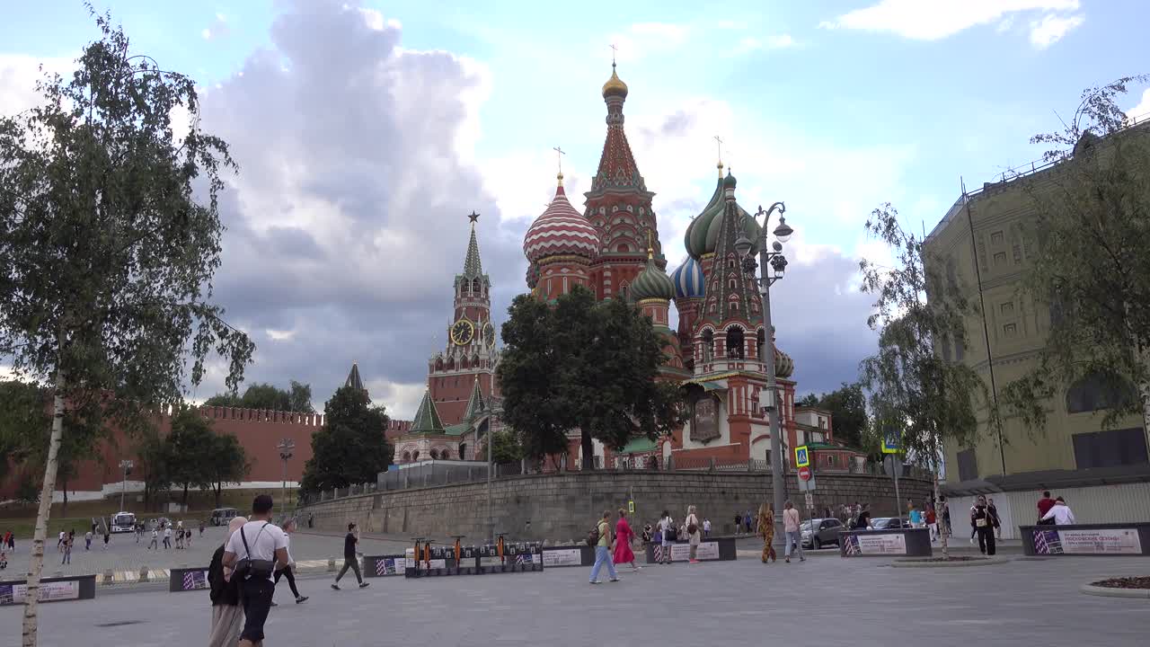 莫斯科克里姆林宫，圣巴西尔大教堂，斯帕斯卡塔。视频素材
