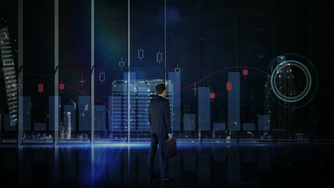商人和城市景观的金融数据处理动画视频素材