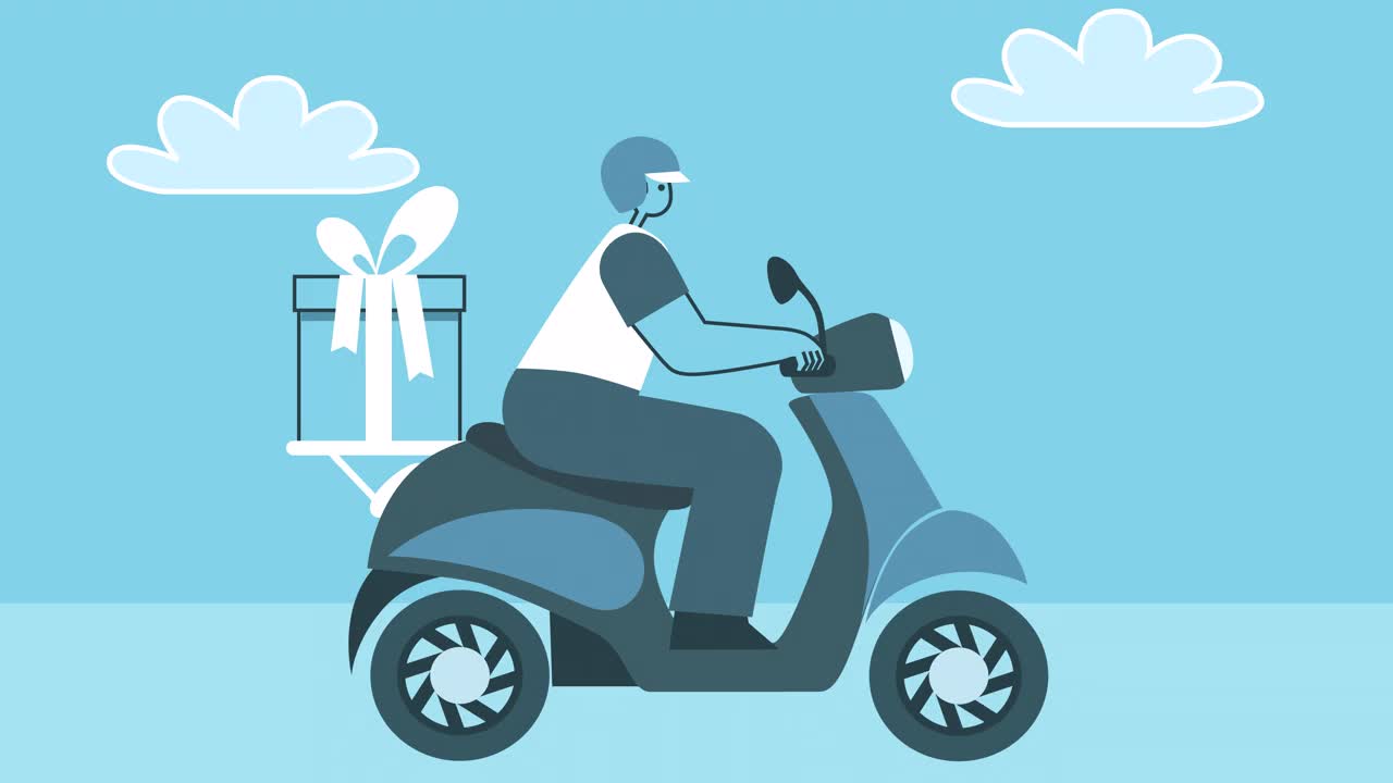 卡通快递员骑着摩托车带着礼品盒。平面设计卡通人物角色孤立循环2d动画视频素材