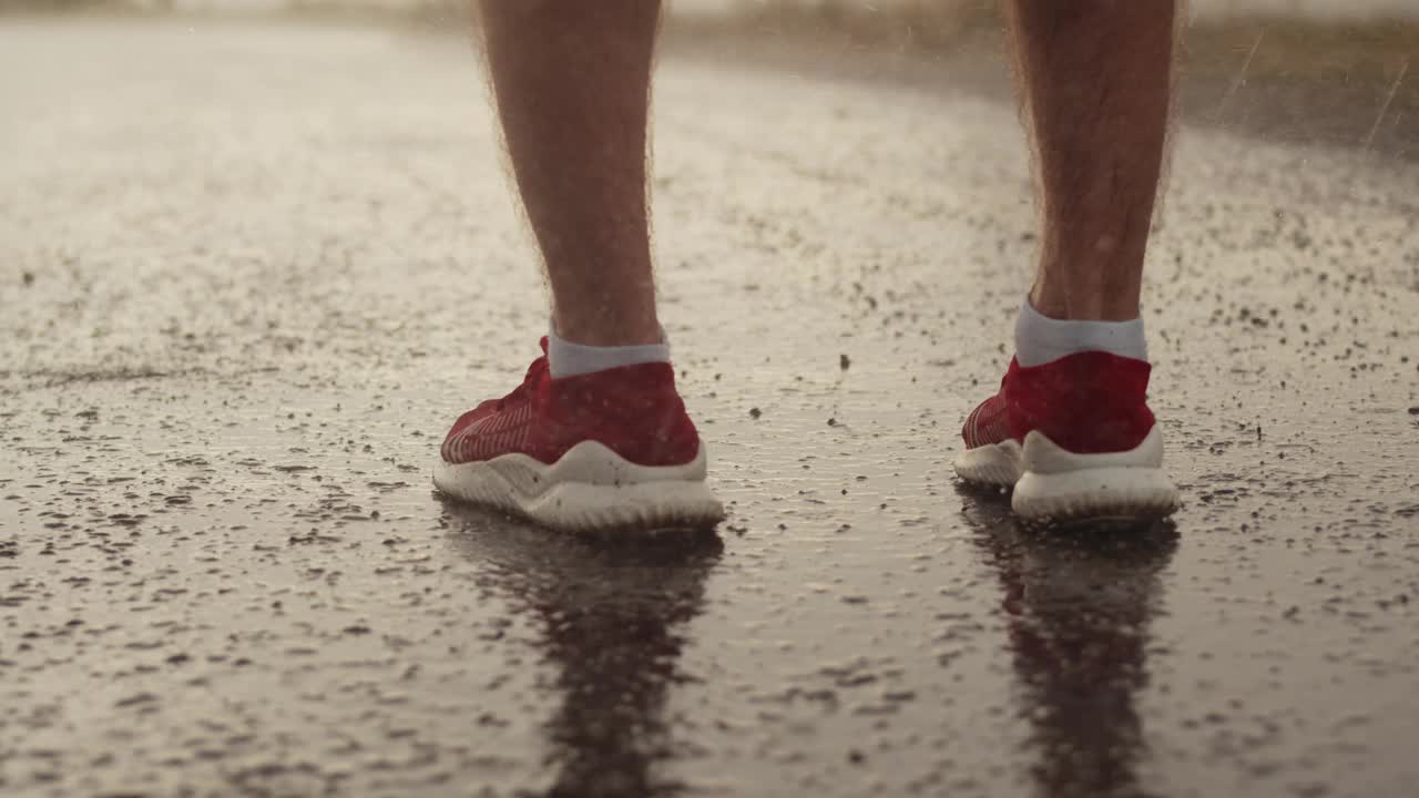 穿着运动鞋的男人们的脚站在雨中潮湿的沥青上，开始跑过水坑，特写，后视图视频素材