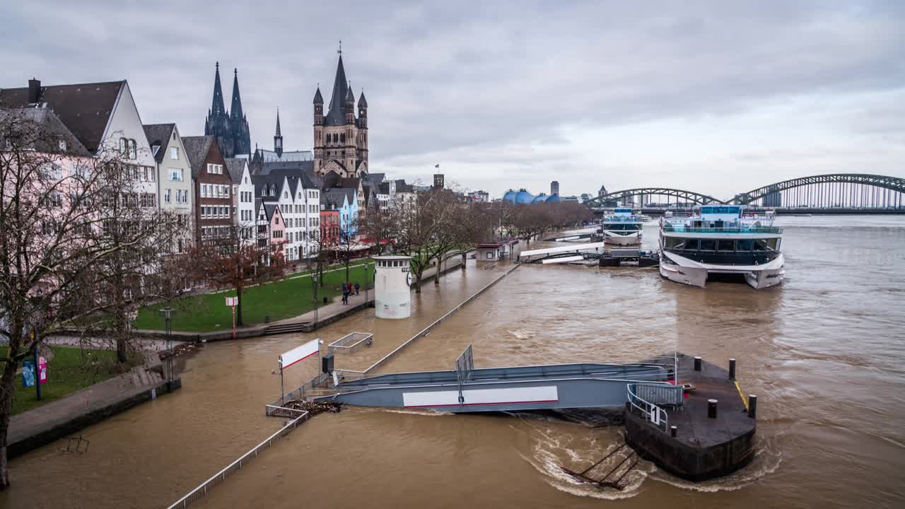 德国科隆莱茵河洪水泛滥视频下载