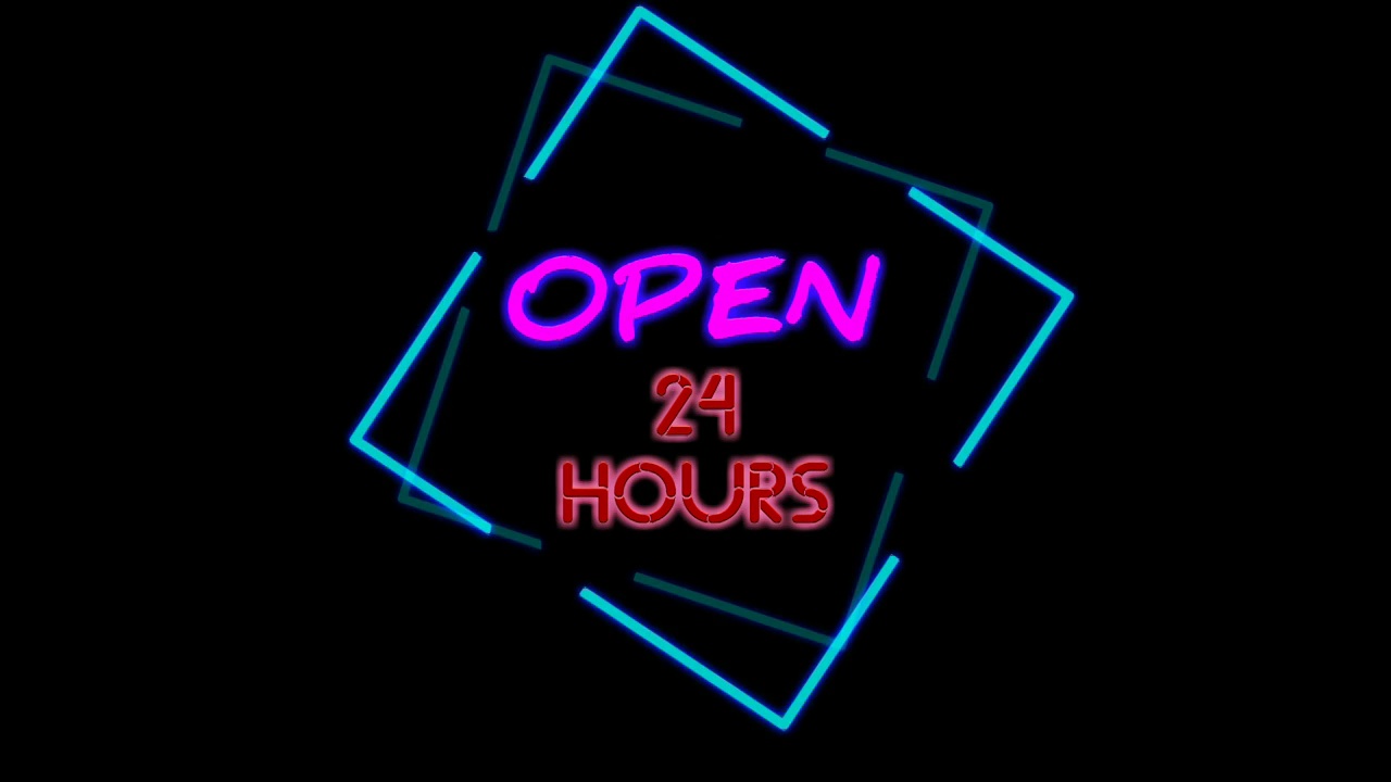 霓虹灯动画在黑色背景下开放24小时。蓝色霓虹灯视频下载