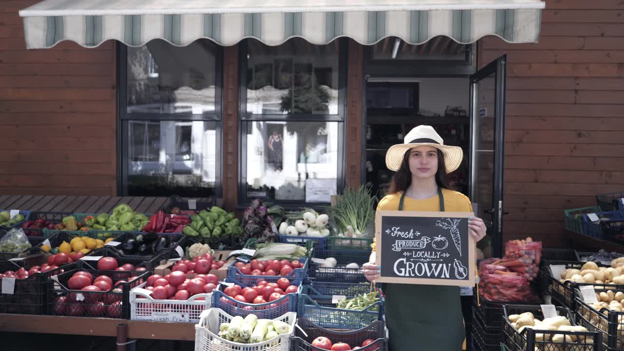 女蔬菜水果商站在商店，举着一个标志，周围是有机水果和蔬菜视频素材