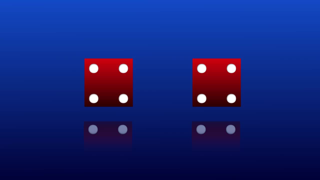 4K红色扑克骰子在蓝色背景上随机滚动可循环视频下载