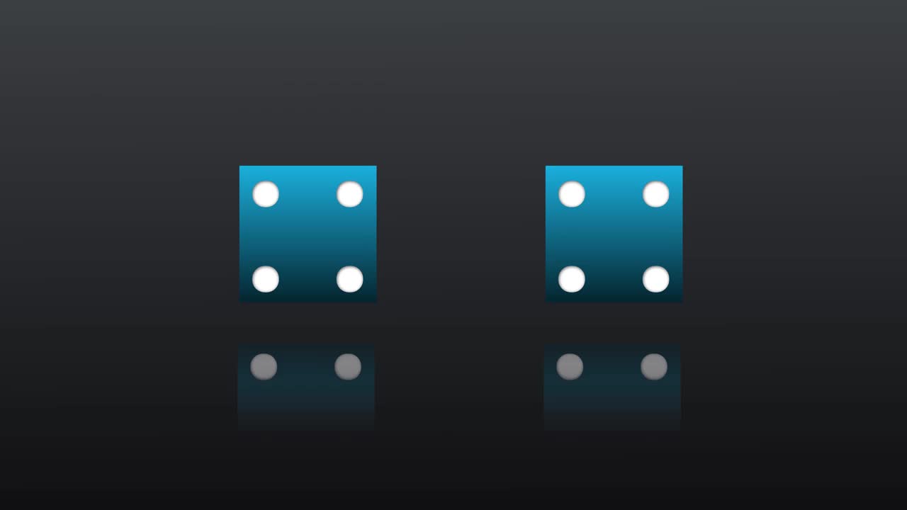 4K蓝色扑克骰子在黑色背景上随机滚动可循环视频下载