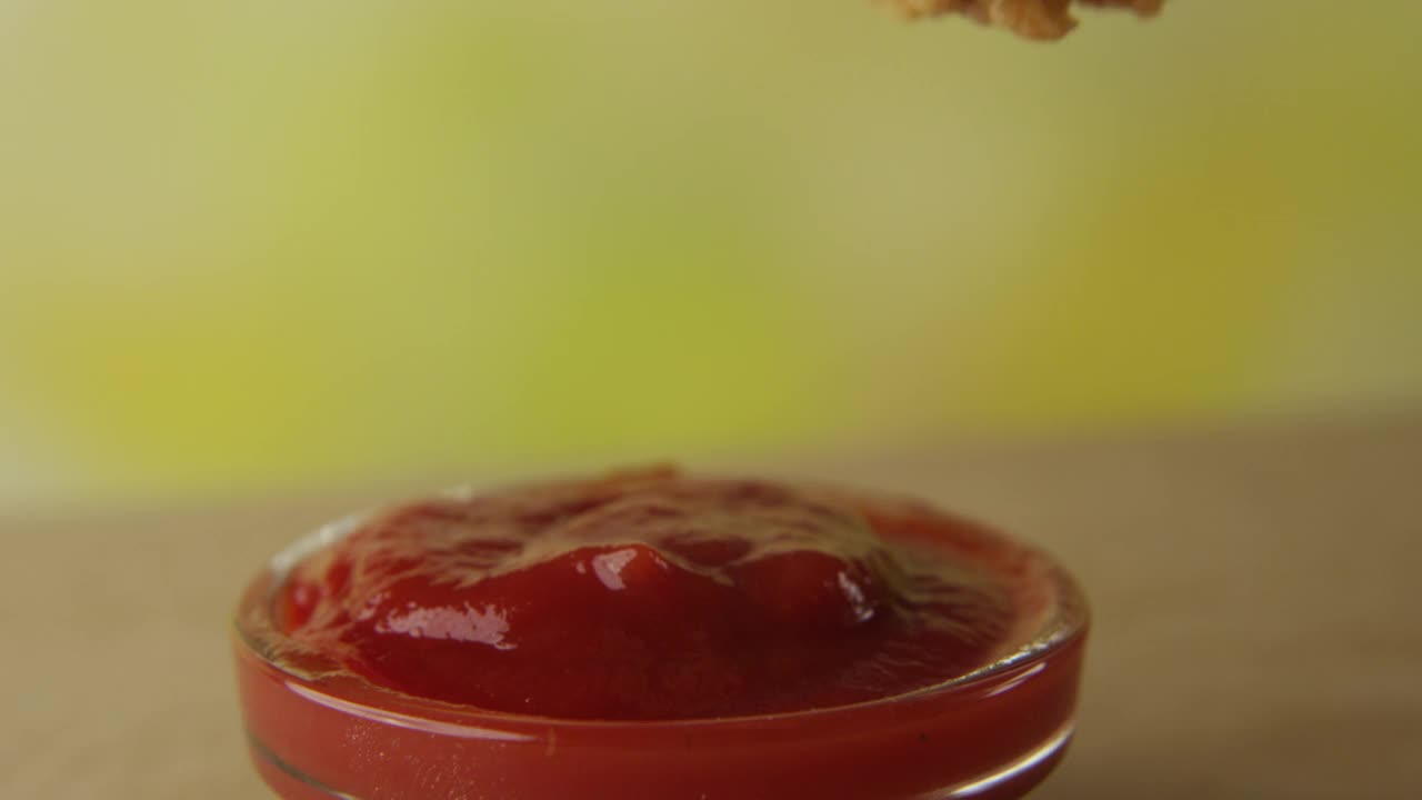 绿色背景下的脆皮鸡翅蘸上一碗番茄酱视频下载