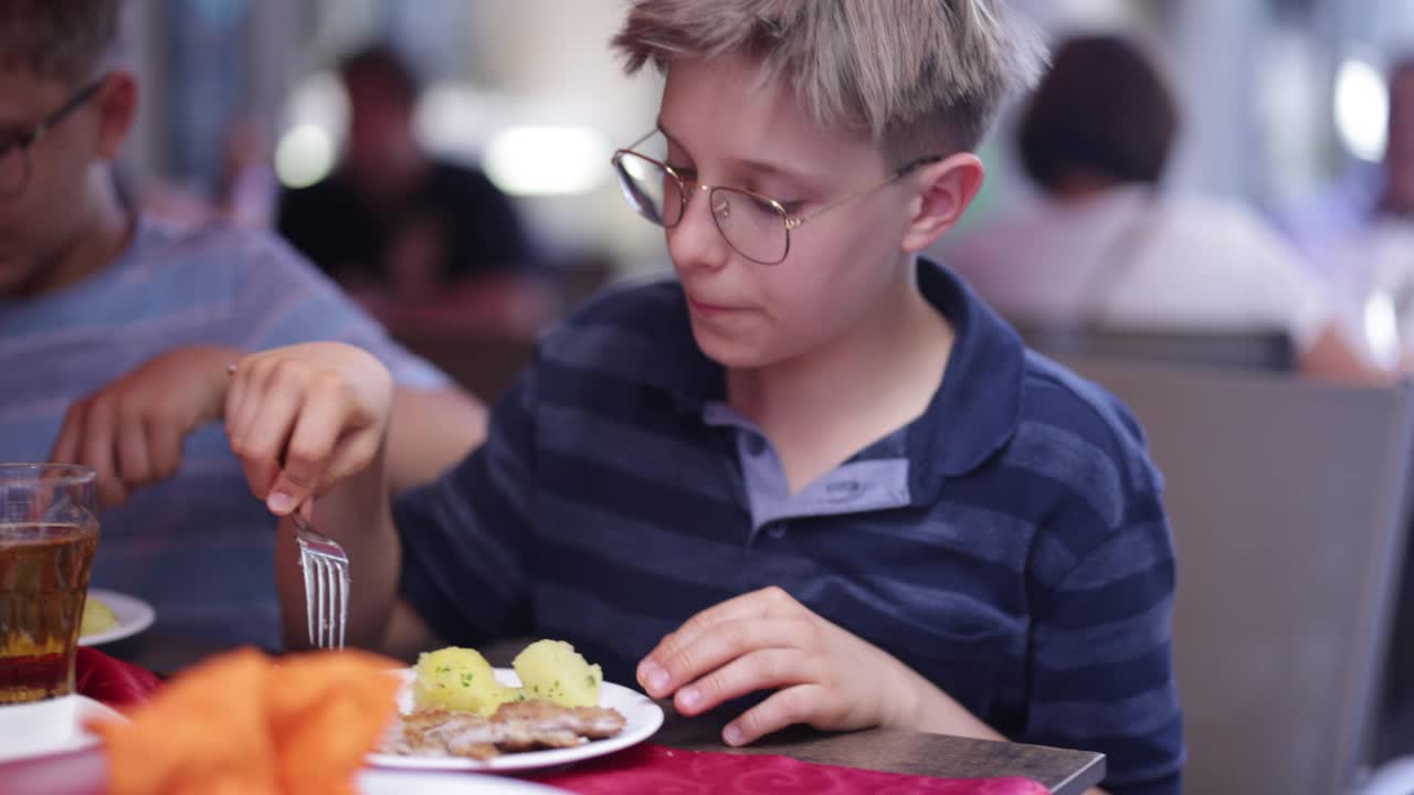 小男孩们在餐厅享用维也纳炸肉排午餐视频素材