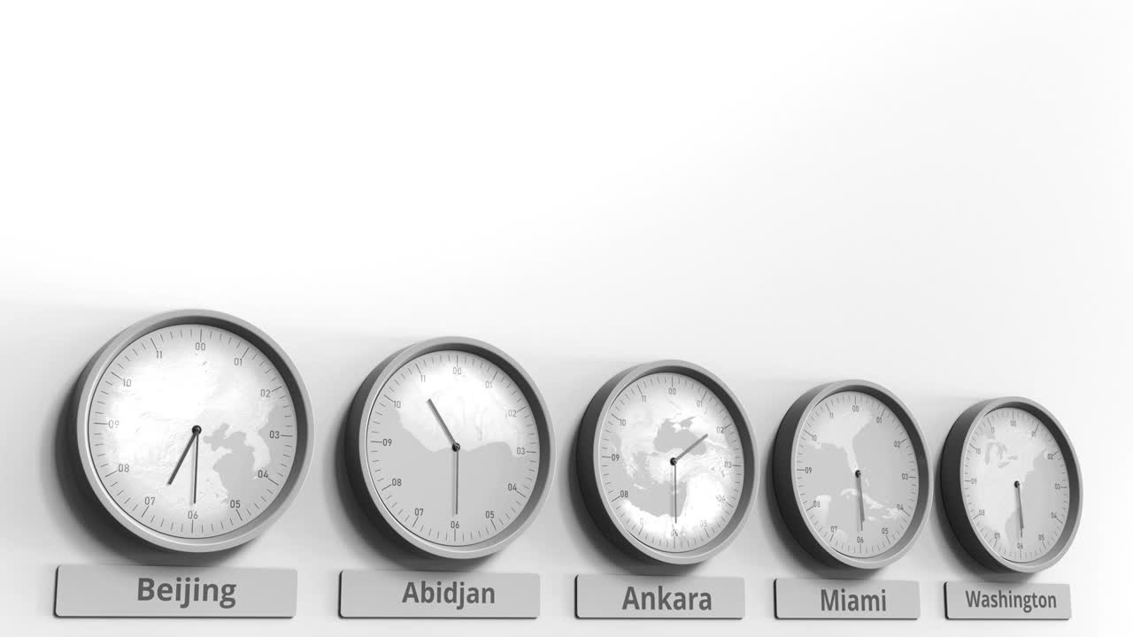 时钟显示安卡拉，土耳其不同时区的时间。概念3 d动画视频下载