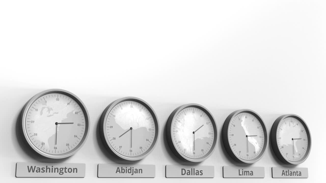 不同时区的时钟显示美国达拉斯时间。概念3 d动画视频素材