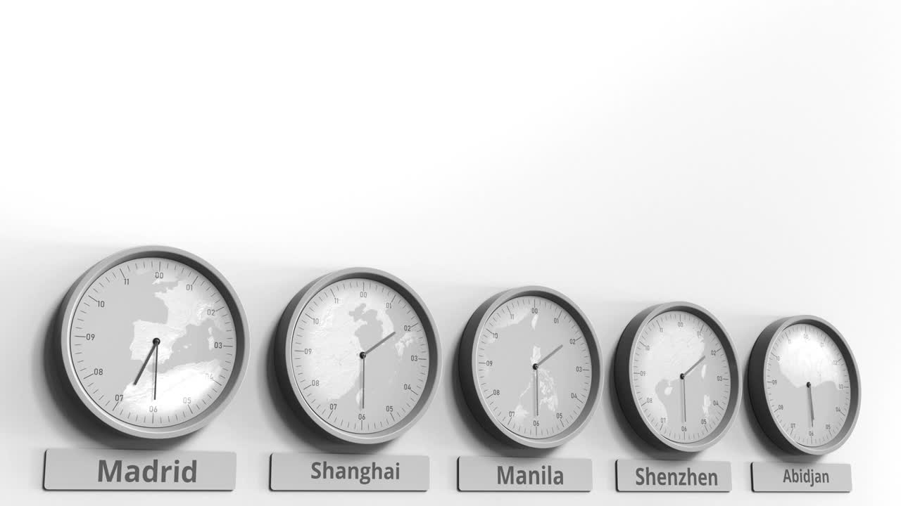 在世界时区内显示菲律宾马尼拉时间的圆形时钟。概念3 d动画视频素材