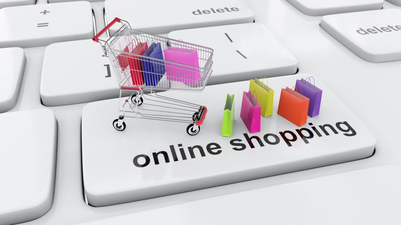 网上购物和购物车的概念与互联网和消费者袋视频下载