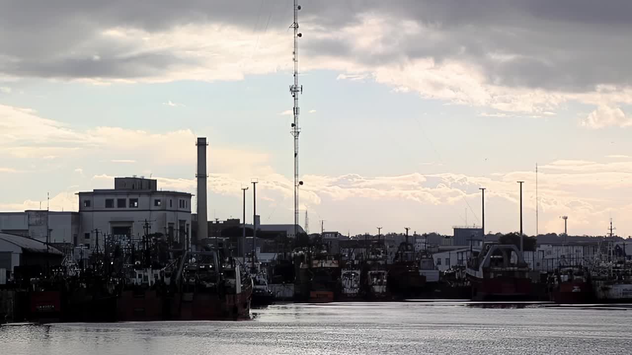 阿根廷马德普拉塔港日落时的渔船。视频素材