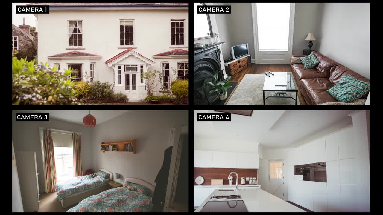 从不同房间和家庭住宅正面外部的四个安全摄像头的视图组合视频下载