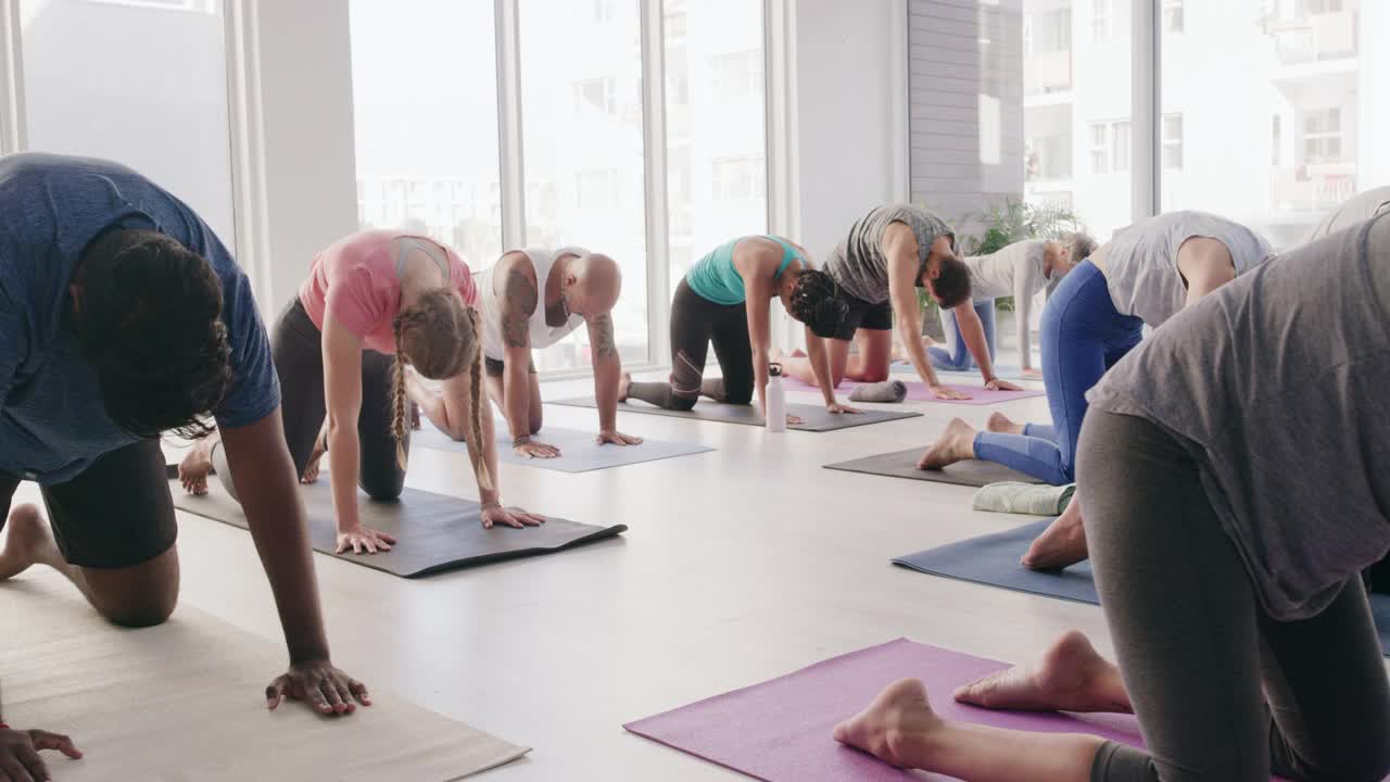 一群人在健身课上练习瑜伽的4k视频片段视频下载