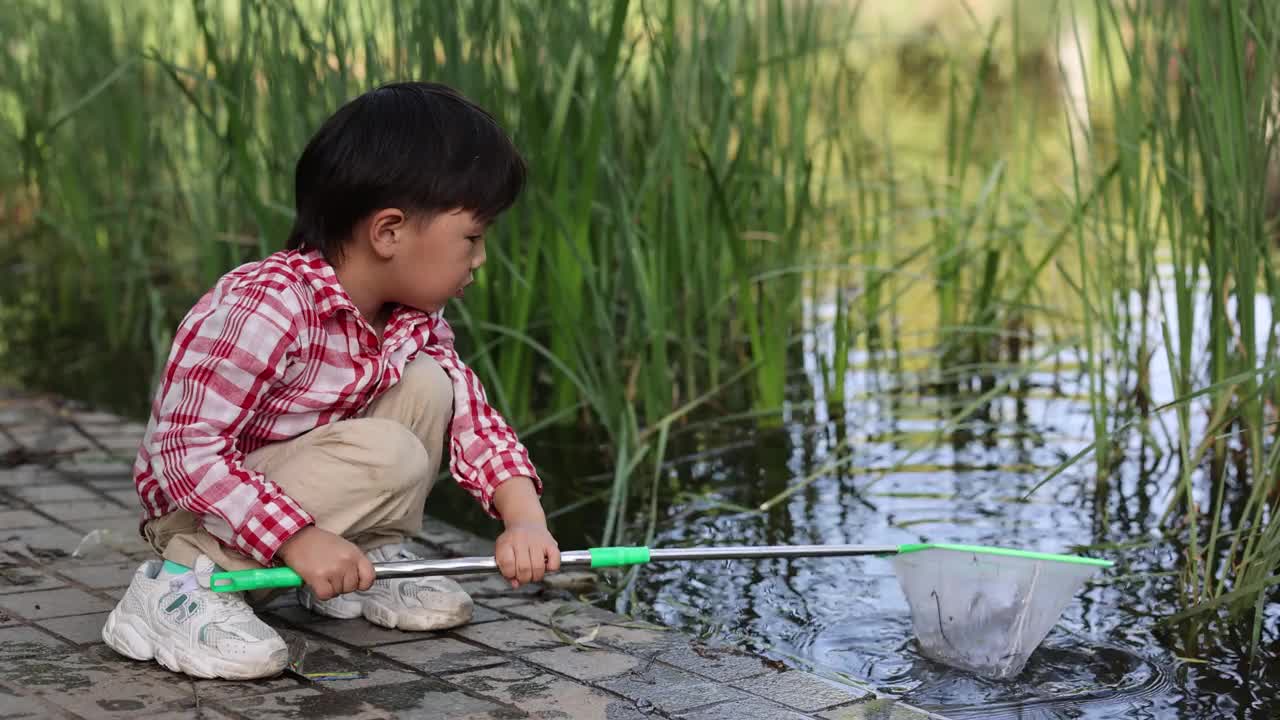 一个小男孩在池塘边玩视频下载