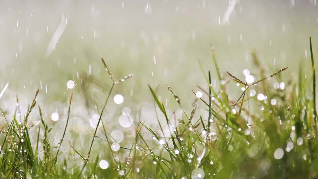 夏天，雨滴落在绿草上的特写。视频素材