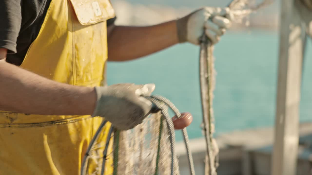 中年成年渔夫用绞盘收网视频素材