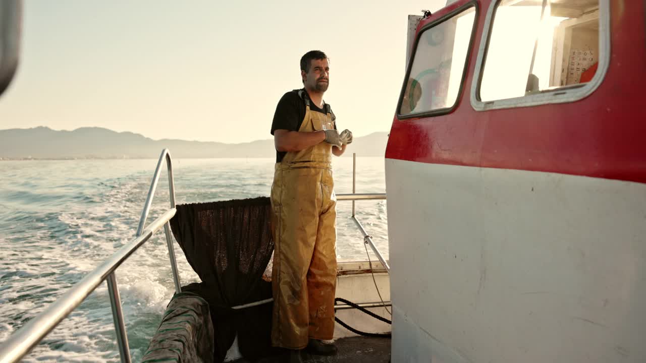 独立渔民在船上脱工作手套视频素材