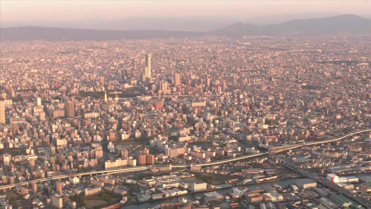 空中，黄昏大阪市区，日本视频下载
