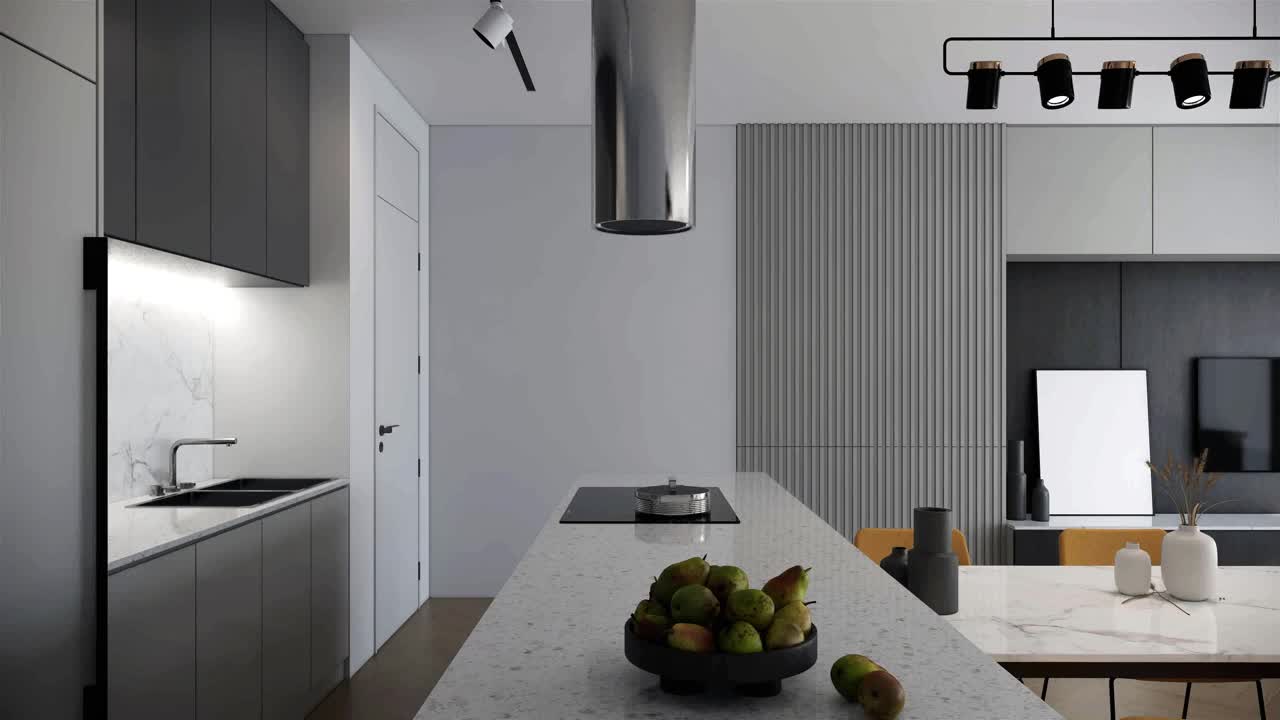 现代白色房间室内设计，现代公寓和家庭办公概念，平移右摄像机，视频4k 3d动画视频下载