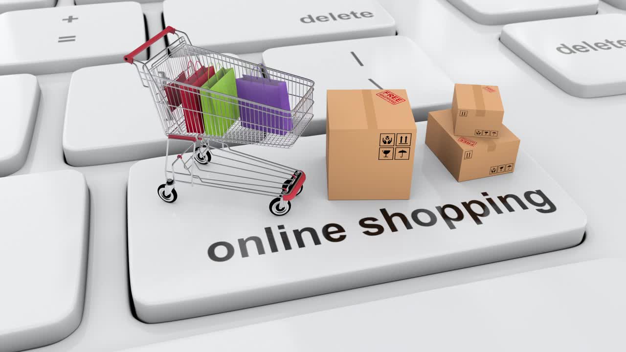 在网上购物，购物车里装满购物袋和购物盒视频购买