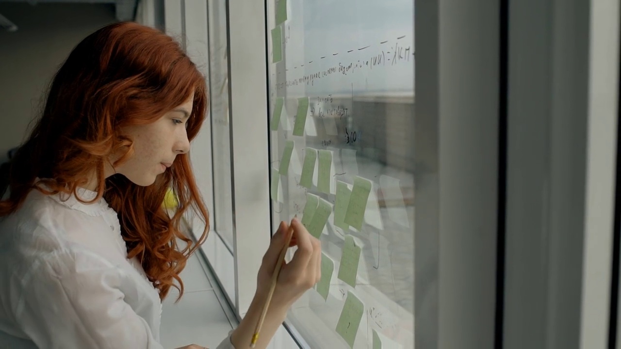 漂亮的女商人在办公室窗户上的贴纸上研究商业策略视频下载