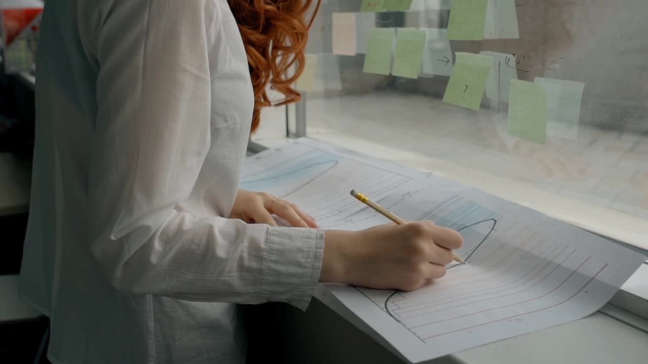 双手的女性金融分析在白衬衫工作与印刷图表视频下载
