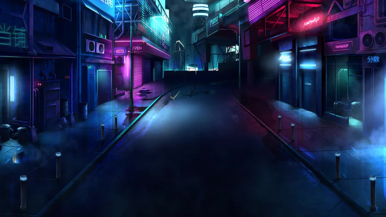 赛博朋克风格的夜晚霓虹灯城市。现实的数码图形。视频下载