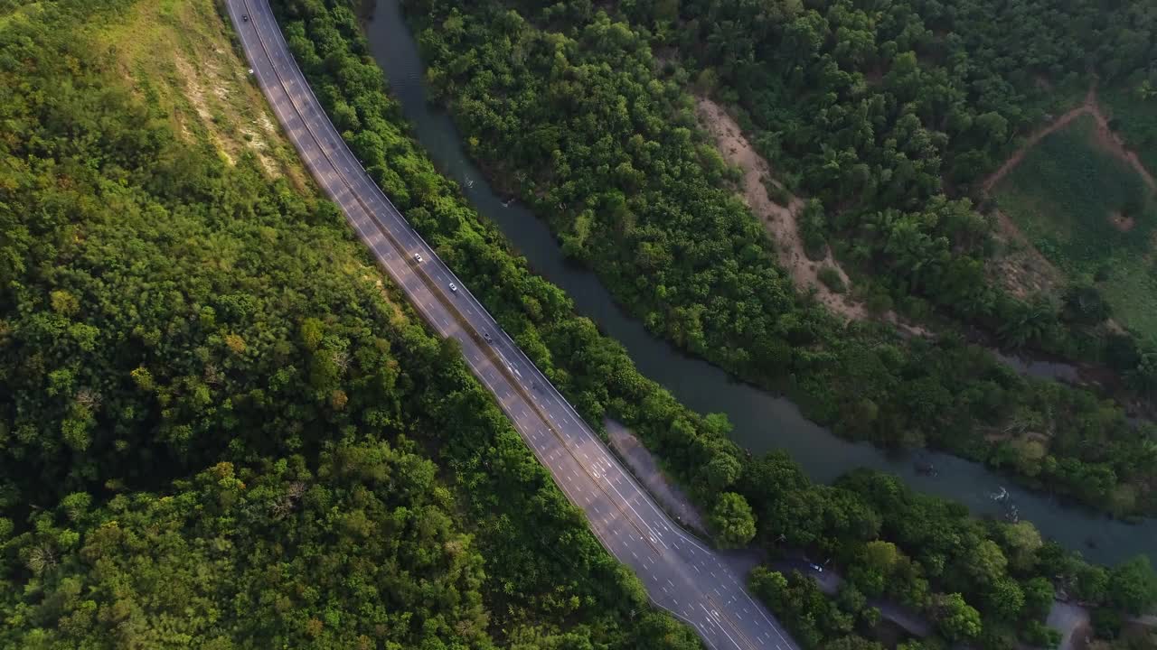 黑色高速公路在绿色森林山视频素材