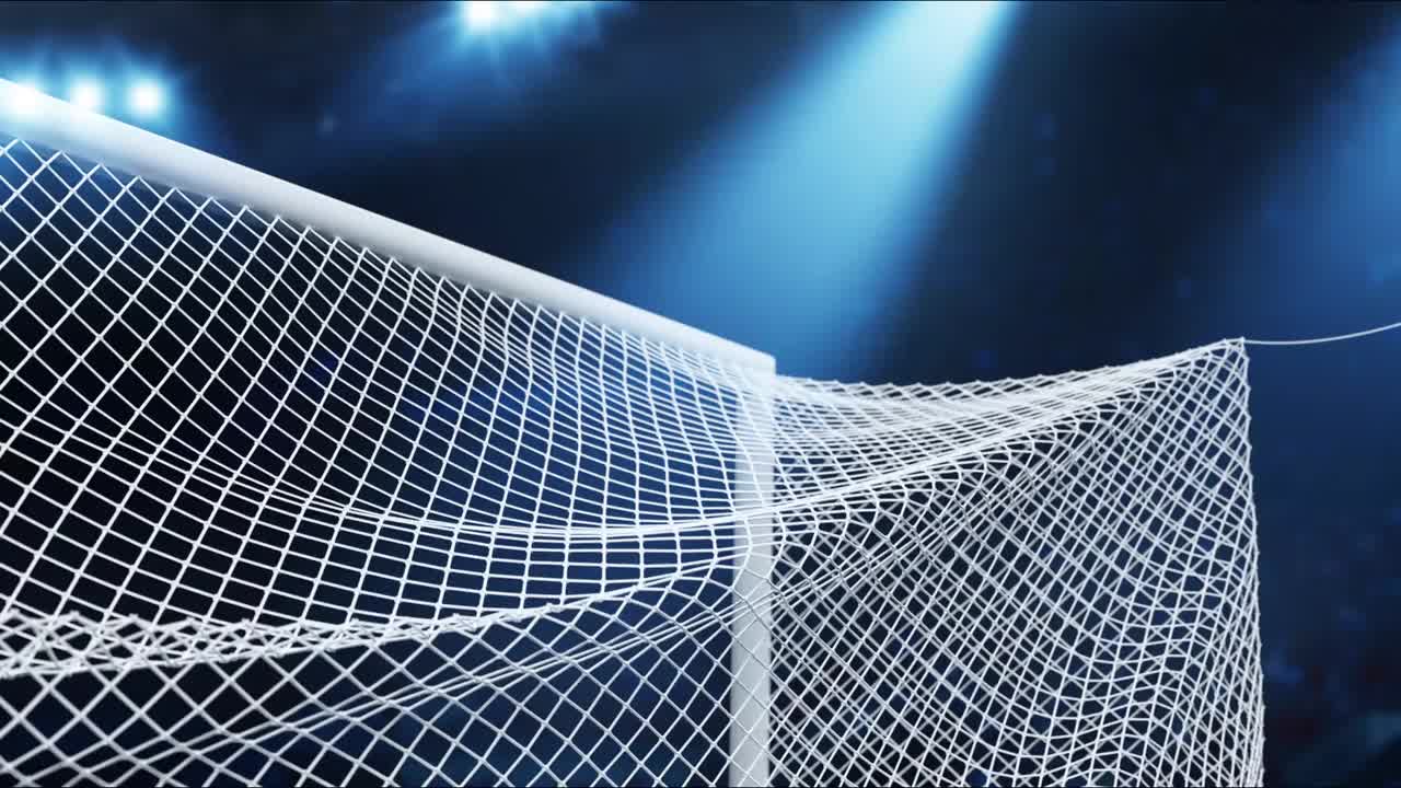 【足球】在球门网中的球。足球的概念。三维动画视频素材