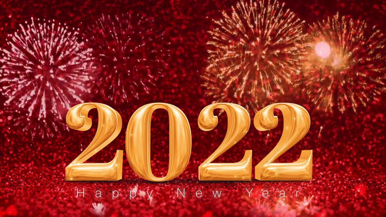 2022年新年快乐，金色的烟花洒在闪闪生辉的红色散景墙上，节日庆祝理念。中国新年庆祝活动视频素材