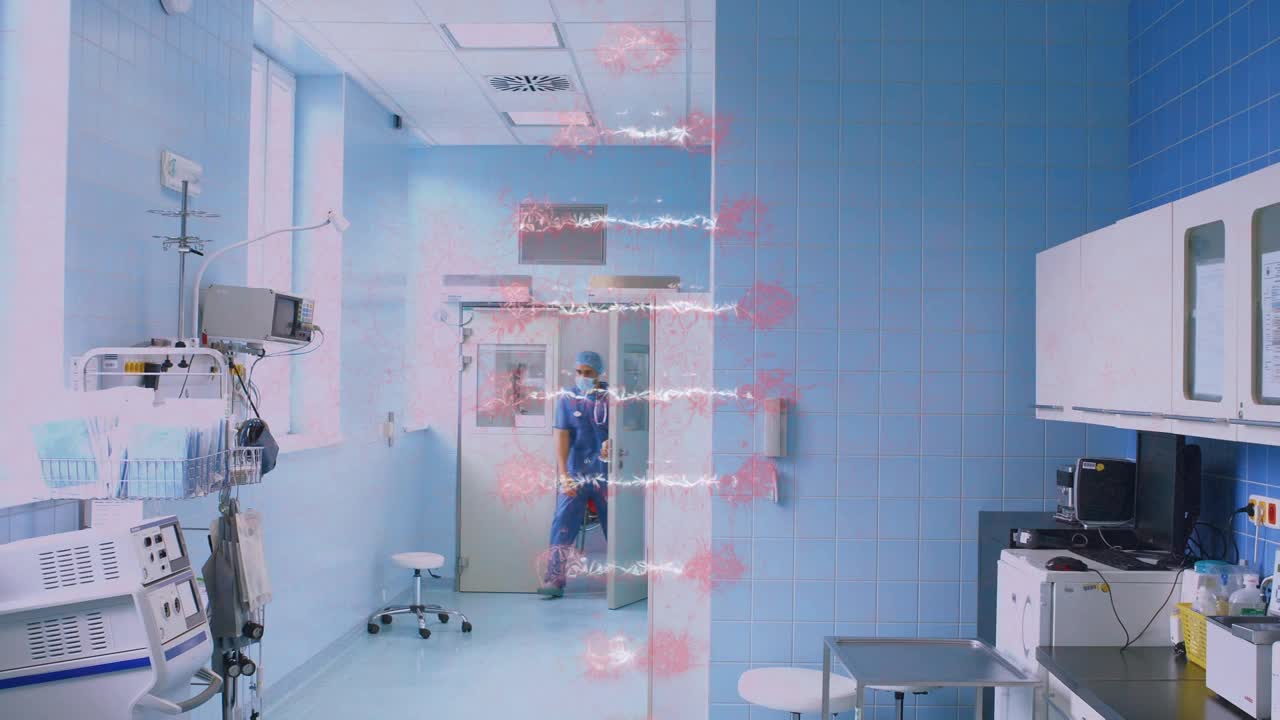 在医院的手术室里，Dna结构与外科医生团队相互旋转视频下载