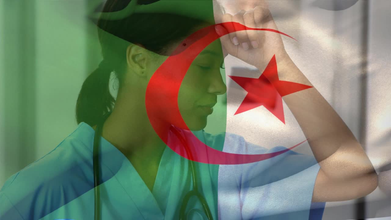 阿尔及利亚国旗在医院紧张的白人女性保健工作者上方挥舞的数字构成视频下载